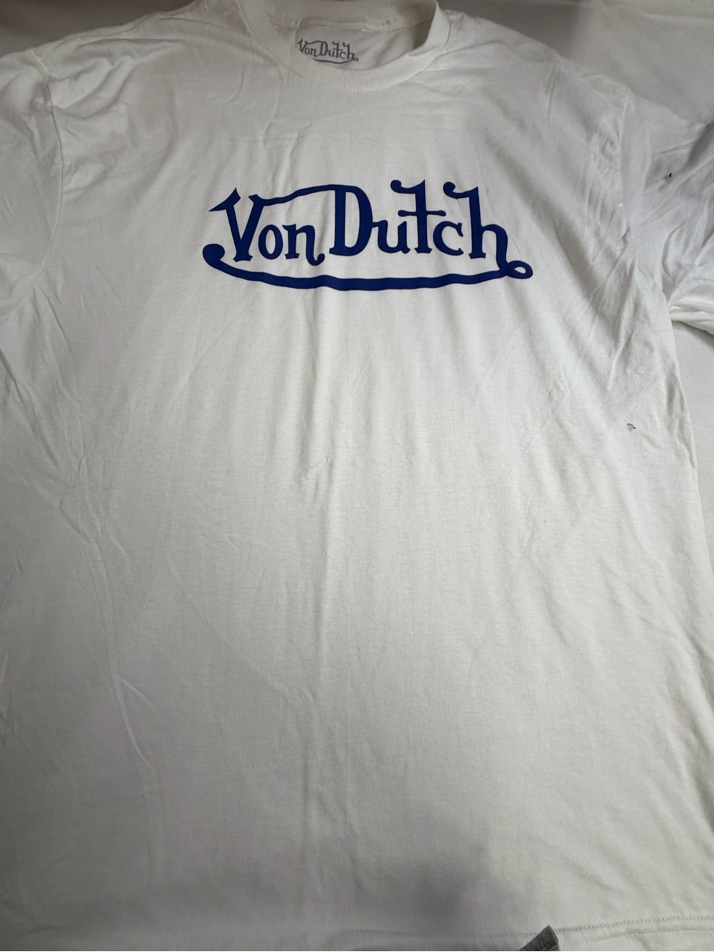 Von Dutch White Short Sleeve Tee with Blue Script Logo